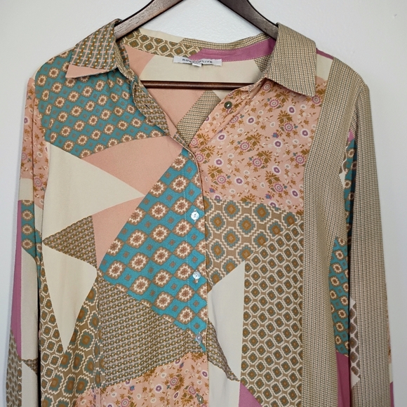 Rose & Olive Patchwork Quilt Button Up Top Womens XL Boho Grandmacore Retro - Picture 3 of 11